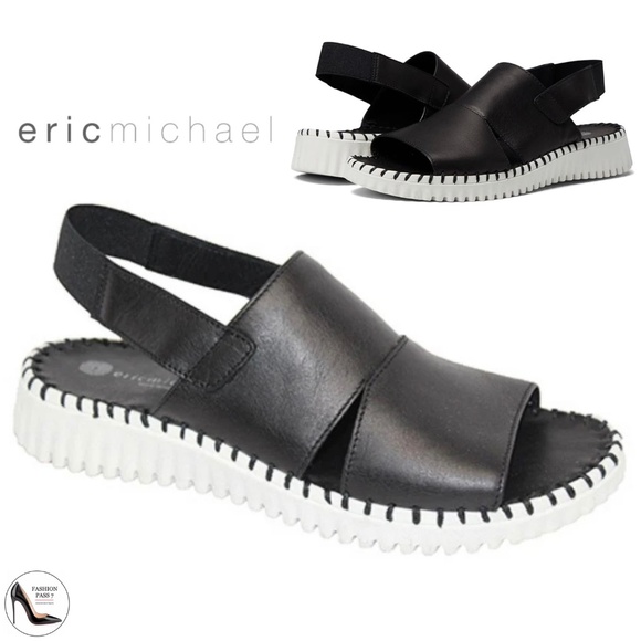 Eric Michael Sola Black Leather slingback women’s sandal white flat sole 39 - Picture 1 of 9
